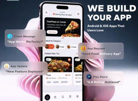 A phone mockup showing a food delivery app interface.