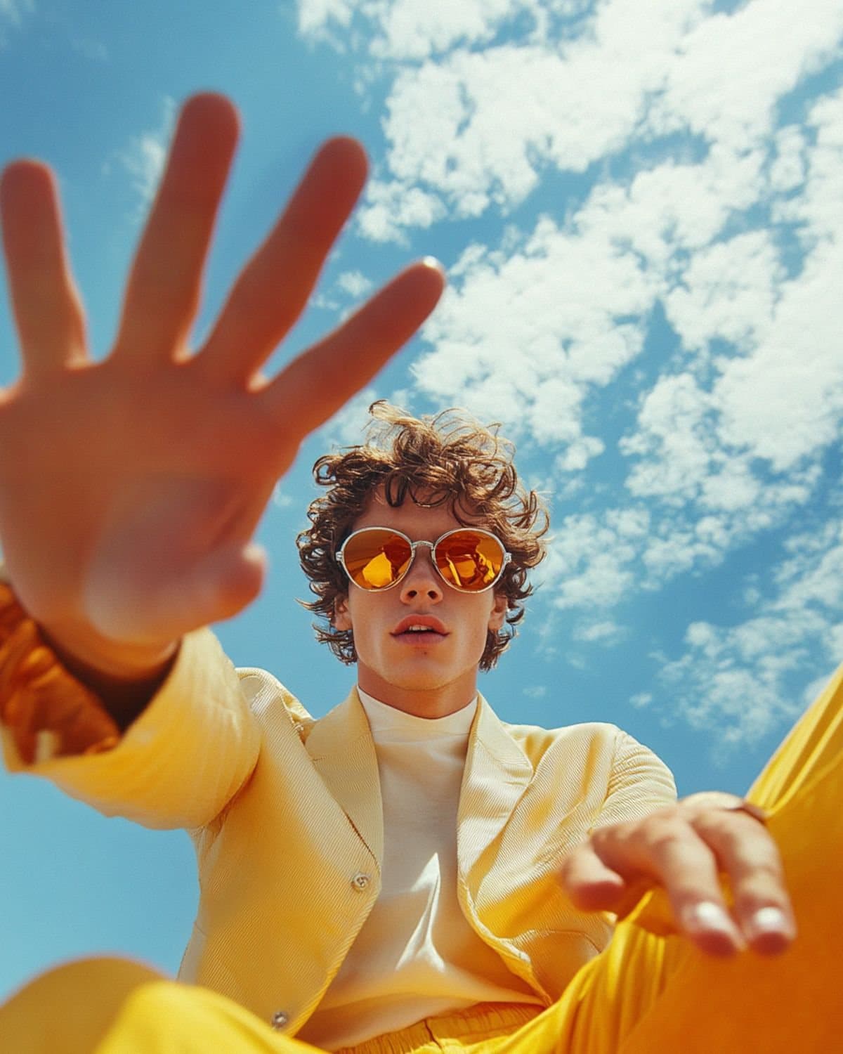 A person in sunglasses reaching a hand toward the camera against a bright sky.
