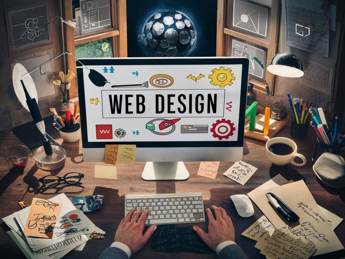 A desk scene with a monitor showing a web design layout.