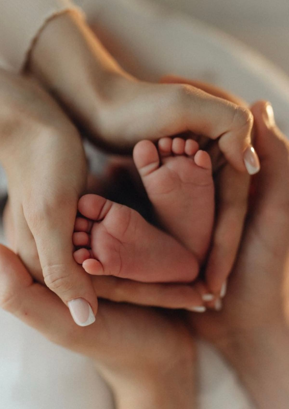 A newborn's tiny feet held gently in an adult's hands.